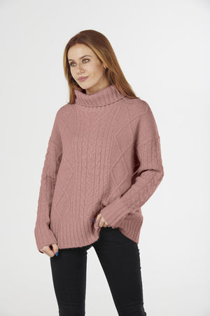 ROLL NECK CABLE PULLOVER- Pink L