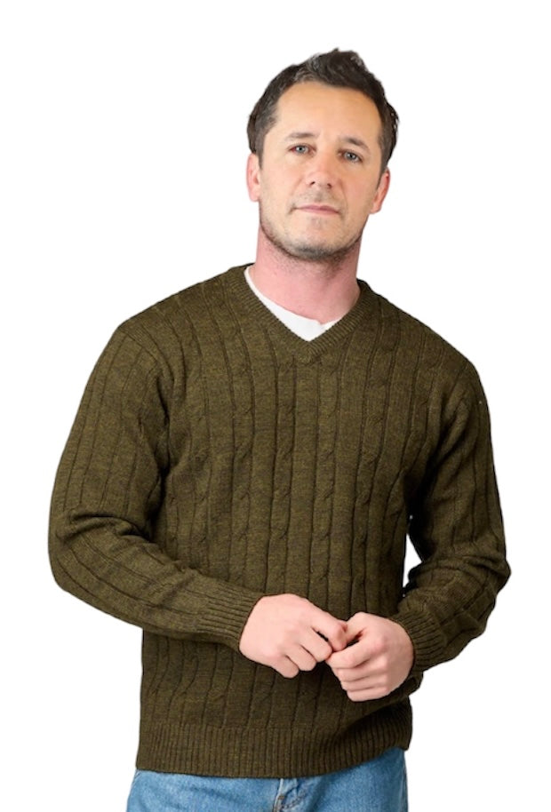 PURE WOOL V-NECK CABLE ANSETT PULLOVER