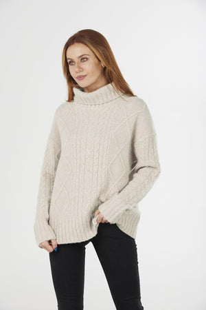 ROLL NECK CABLE PULLOVER- Pink L