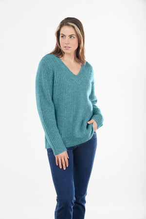 MOHAIR RIBBED VEE NECK PULLOVER