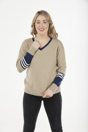 VEE NECK PULLOVER WITH COLOURBLOCK & STRIPES (Only Oatmeal L Left)