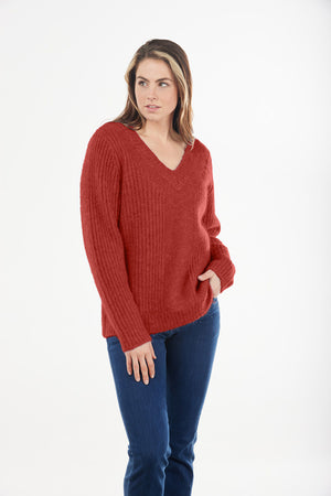 MOHAIR RIBBED VEE NECK PULLOVER