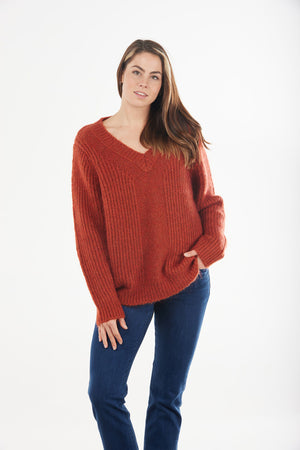 MOHAIR RIBBED VEE NECK PULLOVER