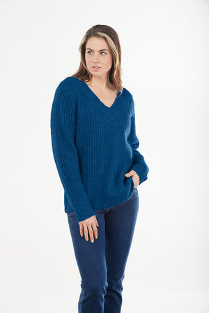 MOHAIR RIBBED VEE NECK PULLOVER