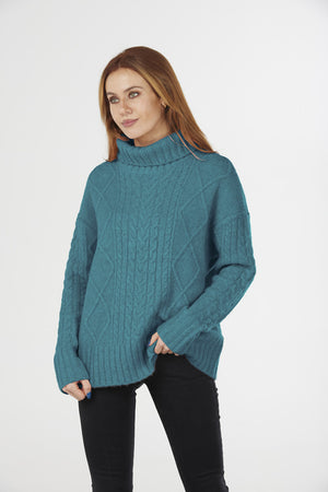 ROLL NECK CABLE PULLOVER- Pink L