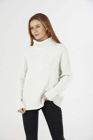 ROLL NECK CABLE PULLOVER- Pink L