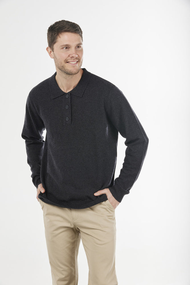 charcoal grey 3 BUTTON POLO cashmere jumper