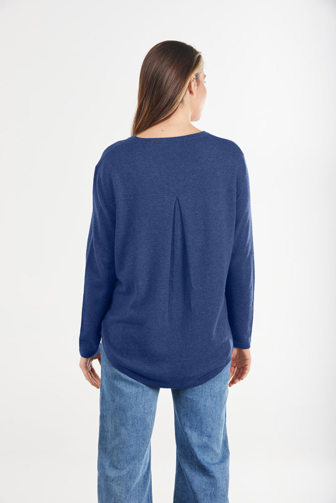 denim Classic Oversized Crewneck Wool Cashmere Knit with Back pleat detail