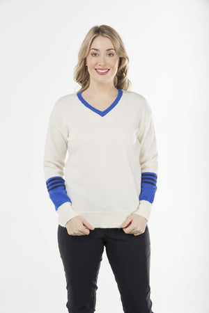 VEE NECK PULLOVER WITH COLOURBLOCK & STRIPES (Only Oatmeal L Left)