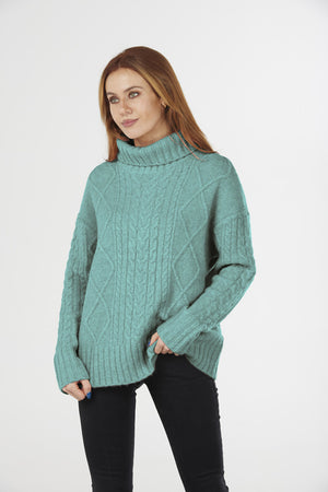 ROLL NECK CABLE PULLOVER- Pink L