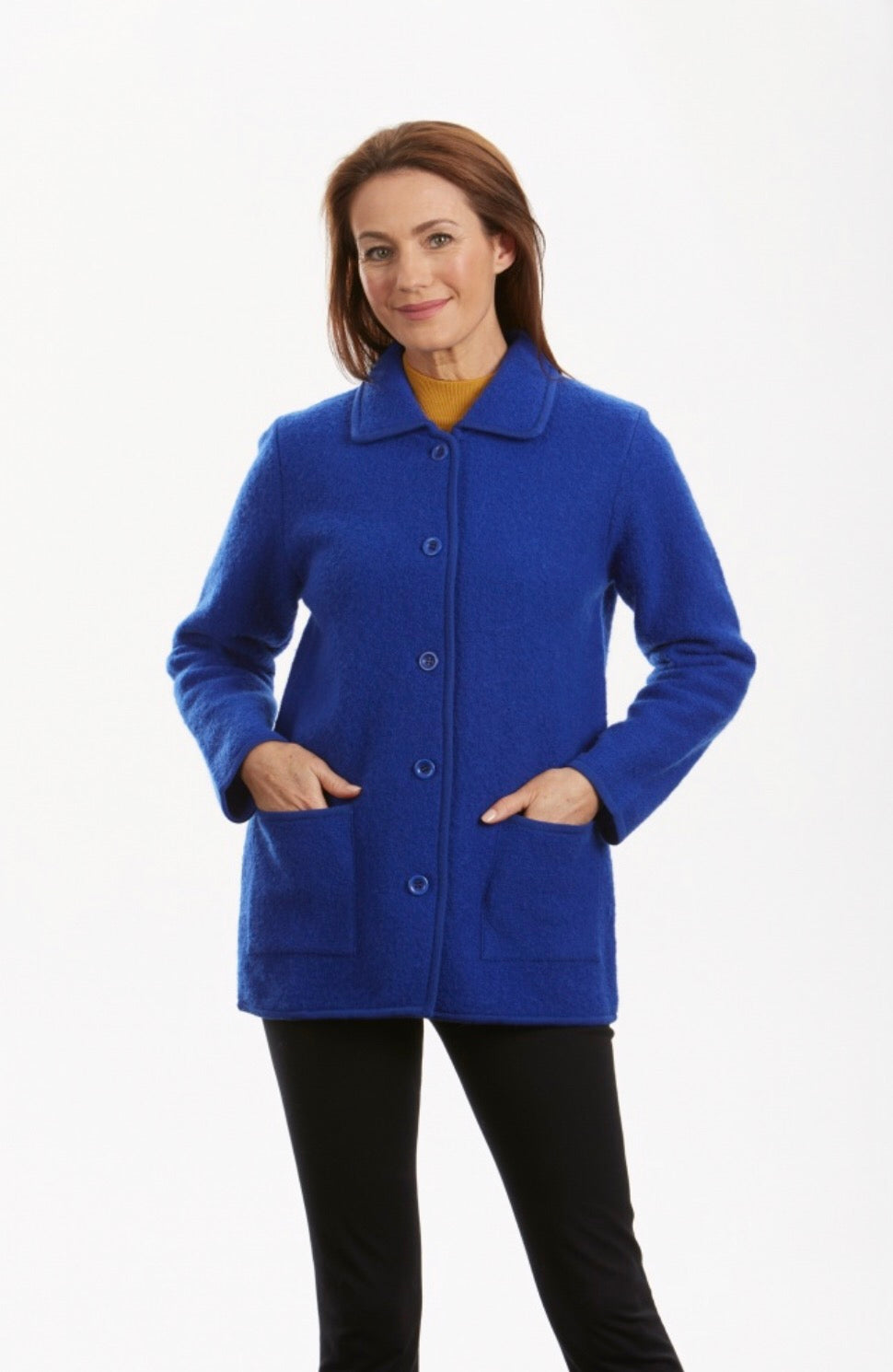 blue Boiled Pure Wool Jacket with Tall Collar and Zip Closure