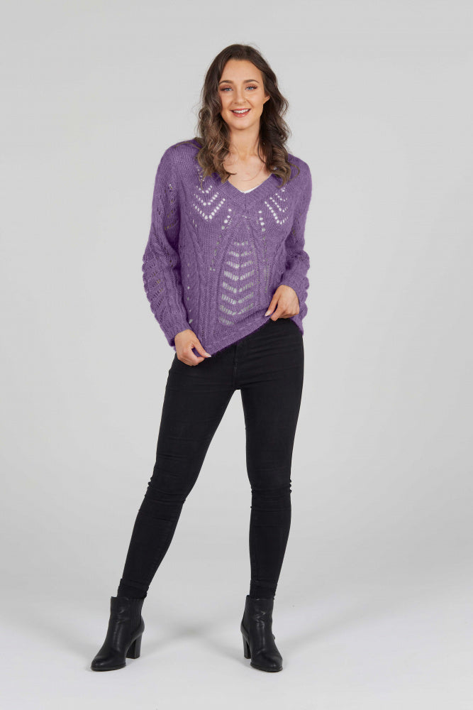 VEE NECK POINTELLE PATTERN PULLOVER