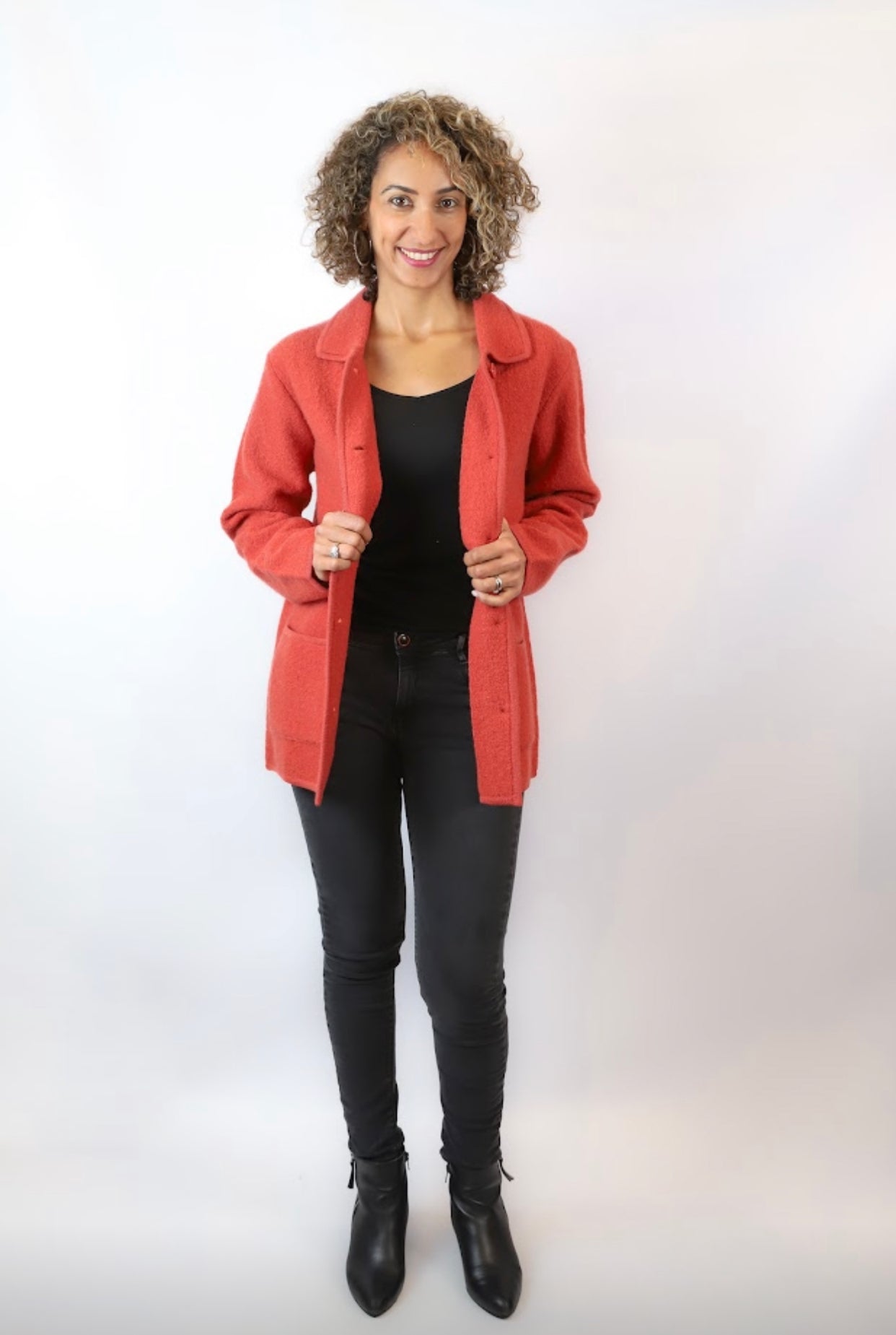 pink Boiled Pure Wool Jacket with Tall Collar and Zip Closure