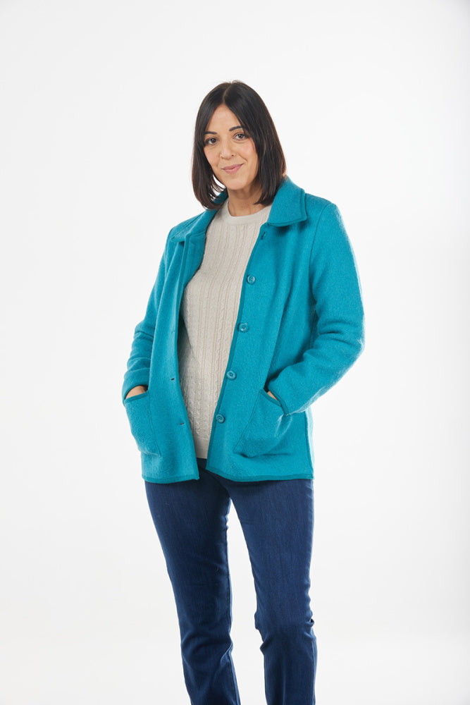 turquoise Boiled Pure Wool Jacket with Tall Collar and Zip Closure