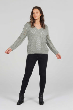 VEE NECK POINTELLE PATTERN PULLOVER