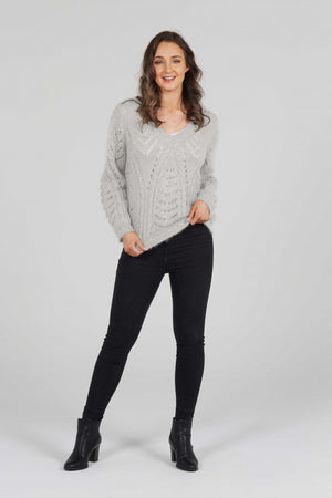 VEE NECK POINTELLE PATTERN PULLOVER