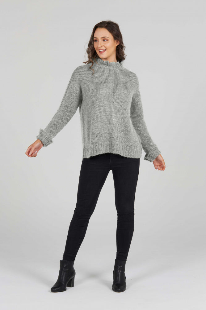 FRILLED CREW NECK WITH CABLED SLEEVES