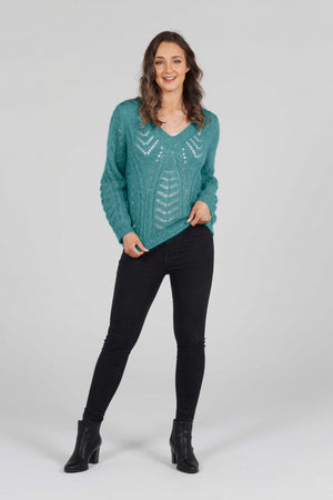 VEE NECK POINTELLE PATTERN PULLOVER