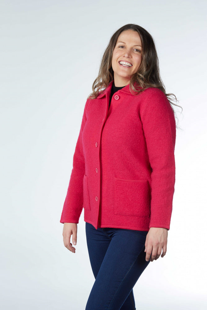 hot pink Boiled Pure Wool Jacket with Tall Collar and Zip Closure