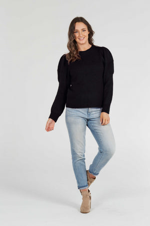 black Crew Neck Pullover with Puff Sleeves