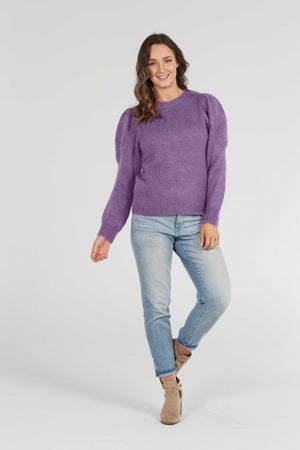 purple Crew Neck Pullover with Puff Sleeves