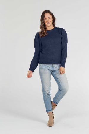 navy Crew Neck Pullover with Puff Sleeves