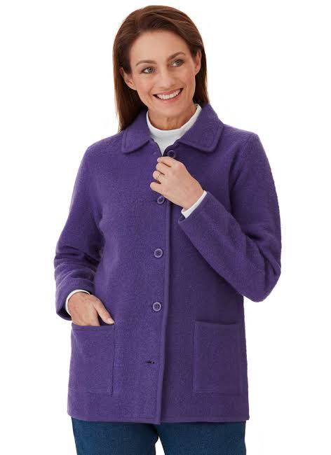 purple Boiled Pure Wool Jacket with Tall Collar and Zip Closure