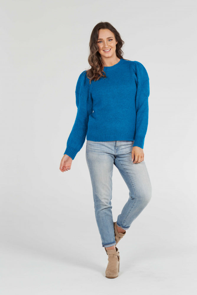 blue Crew Neck Pullover with Puff Sleeves