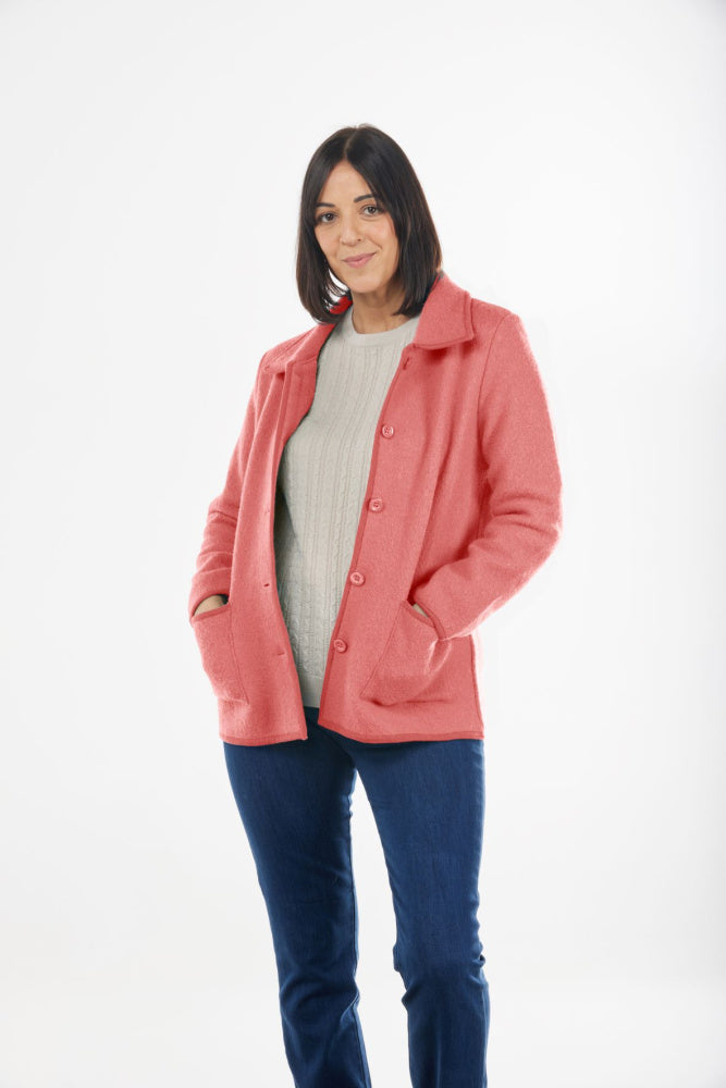 pink Boiled Pure Wool Jacket with Tall Collar and Zip Closure