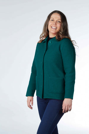 green Boiled Pure Wool Jacket with Tall Collar and Zip Closure