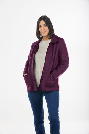 aubergine Boiled Pure Wool Jacket with Tall Collar and Zip Closure