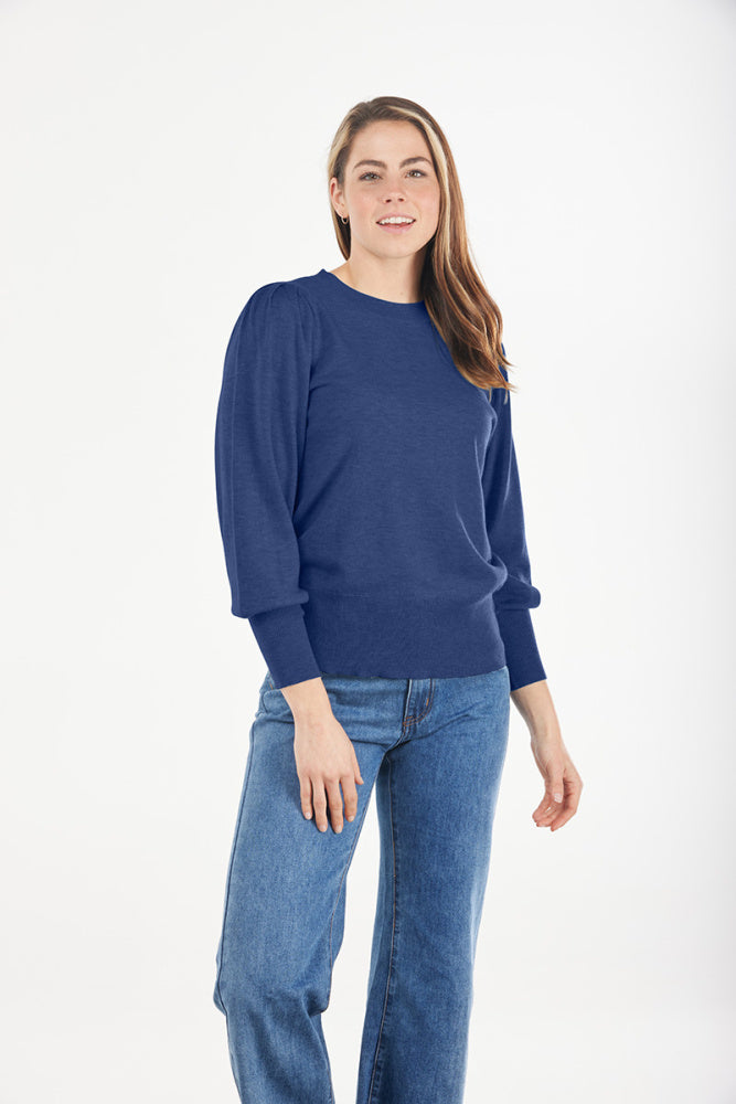  Puff Sleeve Crew Neck Pullover